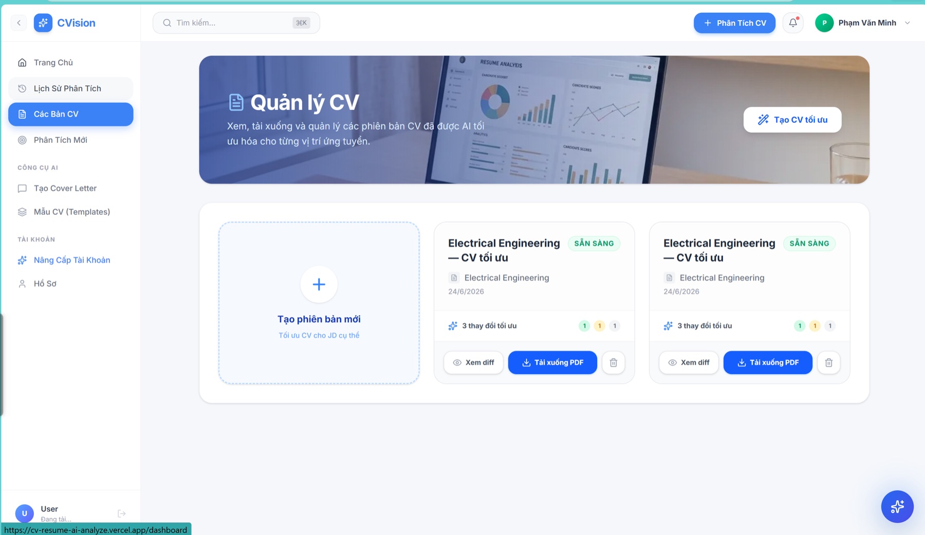Danh sách phiên bản CV tối ưu, có nút xem diff và tải PDF